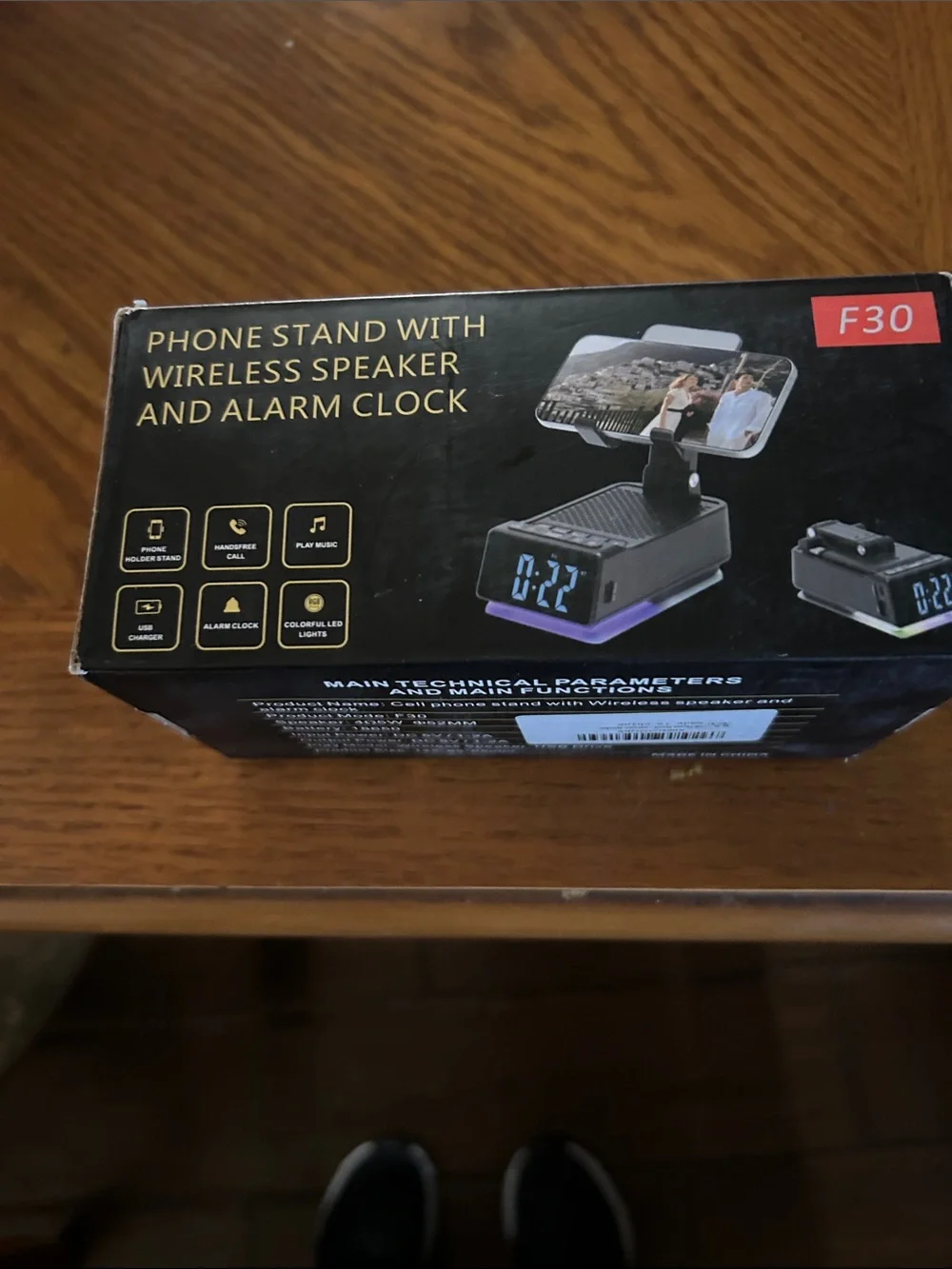 F30 Wireless Phone Stand with Speaker and Alarm Clock - Black/Purple Accent
